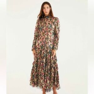 FARM Rio Pink Blurred Tiny Flowers Long Sleeve Beaded Maxi Ruffles Dress SMALL